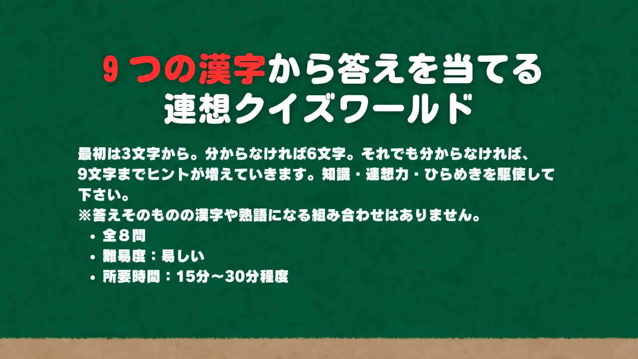 ９つの漢字から答えを当てる連想クイズワールド